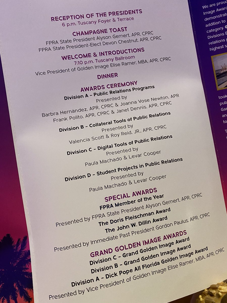 chrisgent's tweet photo. The 64th annual Golden Image Awards gala has kicked off at @FPRA’s 82nd annual conference in Orlando. This year’s theme: Goldchella: A Festival of PR Talent. #FPRAconference #transformFPRA https://t.co/UU1IA2Oo7F