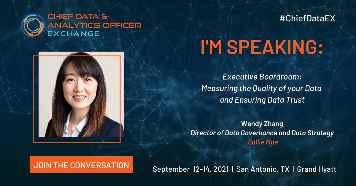 CDAO_Exchange's tweet image. Come and hear Wendy Zhang of Sallie Mae speak about Measuring the Quality of Your Data!  Click on the link to learn more. rebrand.ly/CDAOEX 
.
 #DataScience #CDAO #CDaO #CDO #ChiefDataOfficer #Data #DataAnalytics #DataDrivenCulture #CDAOEX