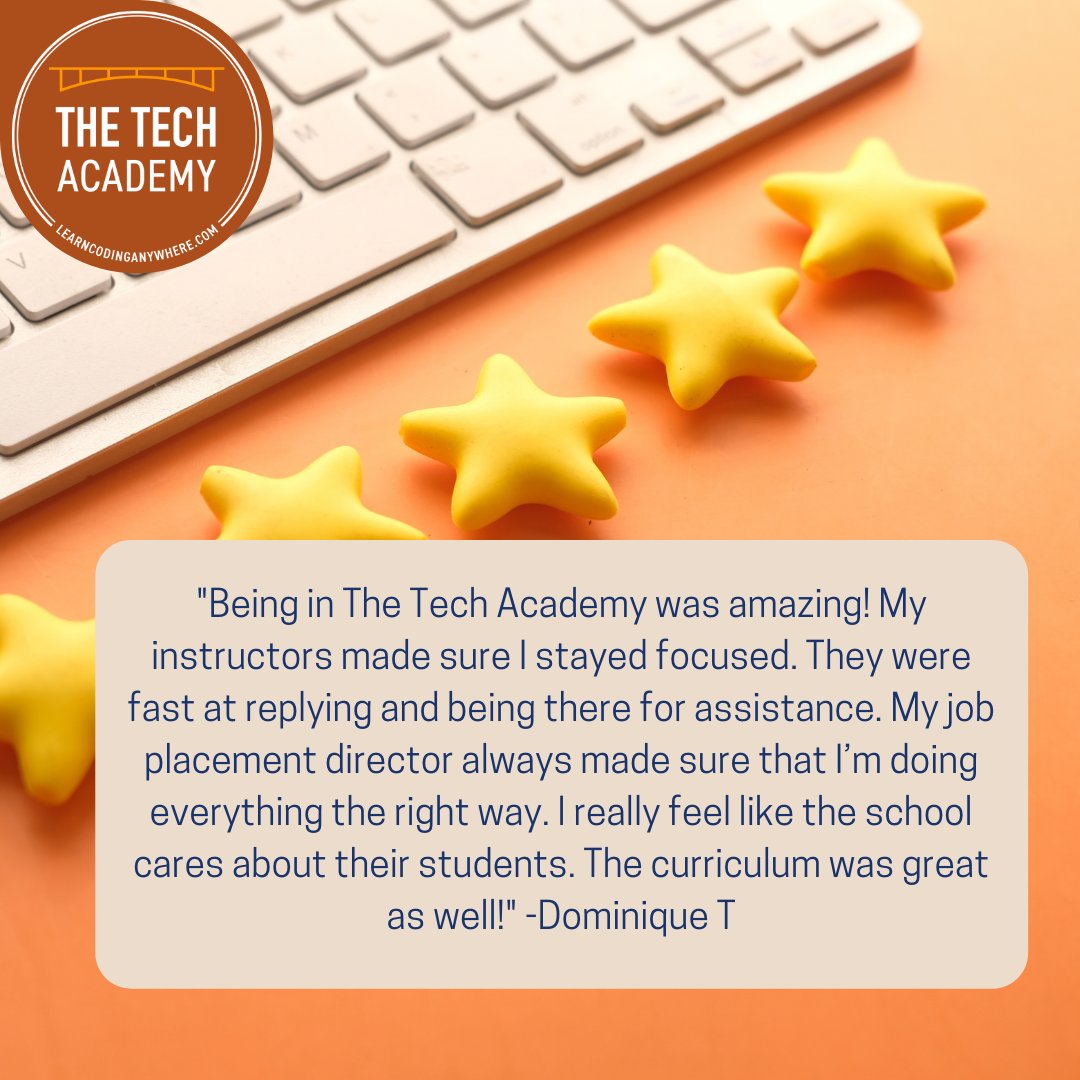 TheTechAcad's tweet image. Check out this awesome review from one of our graduates, Dominique!

Here at The Tech Academy we care about your future and will help you with every step! 

Learn more at  learncodinganywhere.com

#learncodinganywhere #thetechacademy #codingbootcamp #learncoding