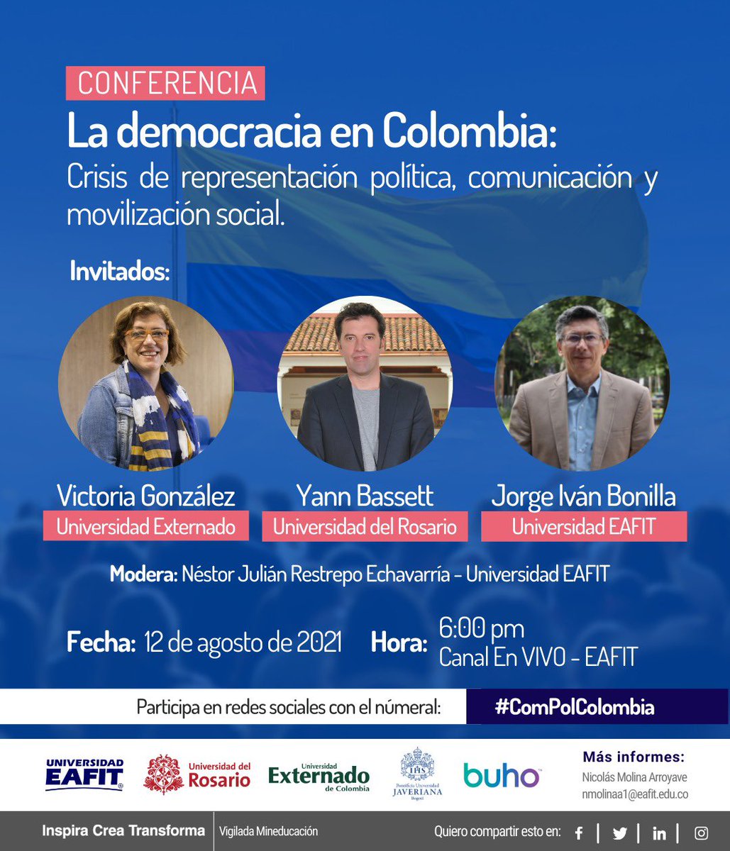buho_media's tweet photo. #ComPolColombia | ¿Existe en Colombia una crisis de representación política? ¿Qué papel juegan las comunicaciones? El próximo jueves 3 expertos analizarán la actual coyuntura nacional de cara a las próximas elecciones y su panorama👇 #HablemosDeData .@buho_media https://t.co/O5eLkPp2qL