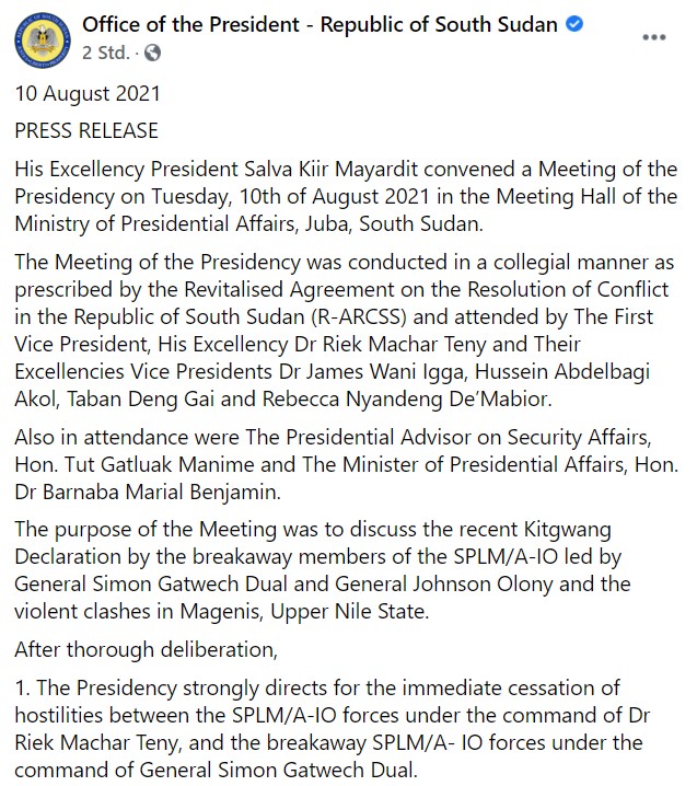 PatrickHeinisc1's tweet photo. Press Release #South_Sudan presidency. Salva Kiir directs SPLM/A-IO forces &amp; breakaway forces to observe a reasonable distance to prevent further violence. The president calls for immediate unification of command forces. A unified command will include 🇸🇸 People's #Defence_Forces. https://t.co/VvlmeuV8dd