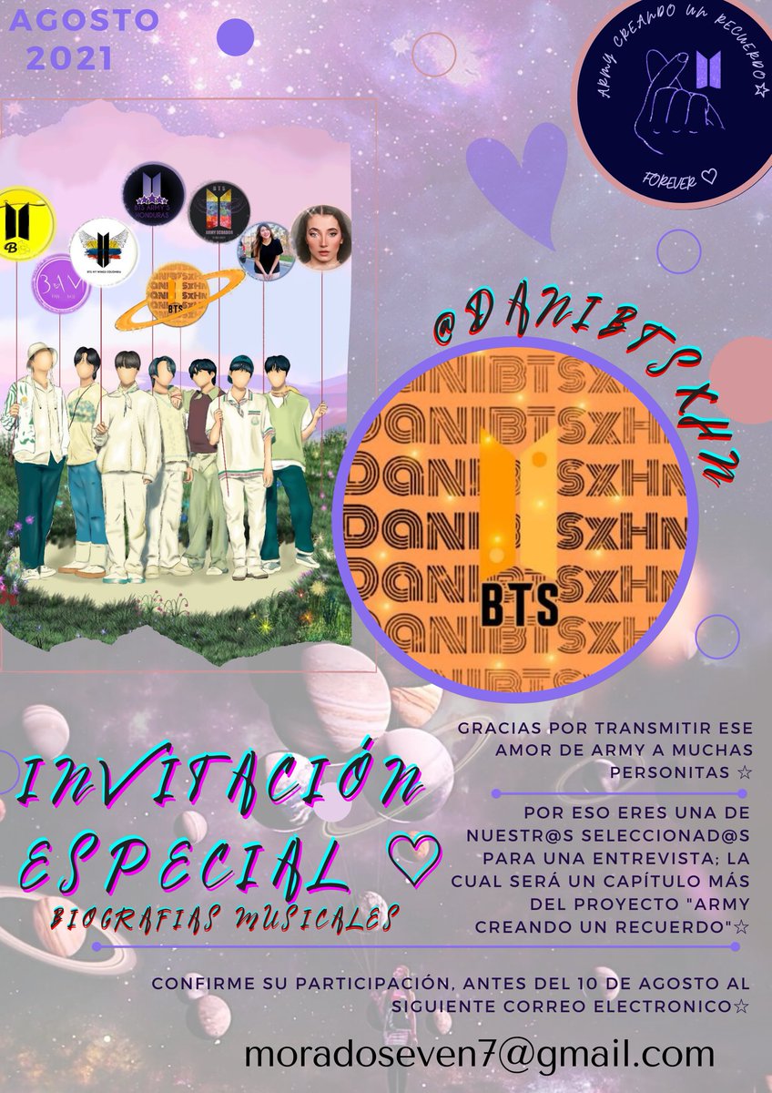 Esperamos que nos puedas acompañar y compartir un poco tus conocimientos y experiencia como army 💜
Seria un placer que nos acompañara en la cámara de "Army creando un recuerdo" 
te esperamos💜
<a href="/daniBTSxHN/">⟬⟭🇭🇳 DaniBTSxHN | B⟭⟬U| ᴬᴿᴵᴿᴬᴺᴳ</a> 🇭🇳
*Recuerda confirmar  al correo moradoseven7@gmail.com*