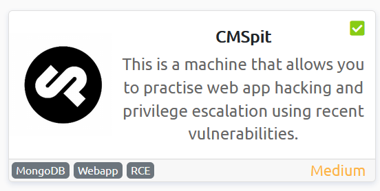 wearyandroid's tweet photo. CMSpit - I have just completed this room! Check it out: https://t.co/Kk6BsfJPmf #tryhackme #MongoDB #Webapp #RCE #cmspit via @tryhackme https://t.co/M24XuguFvJ