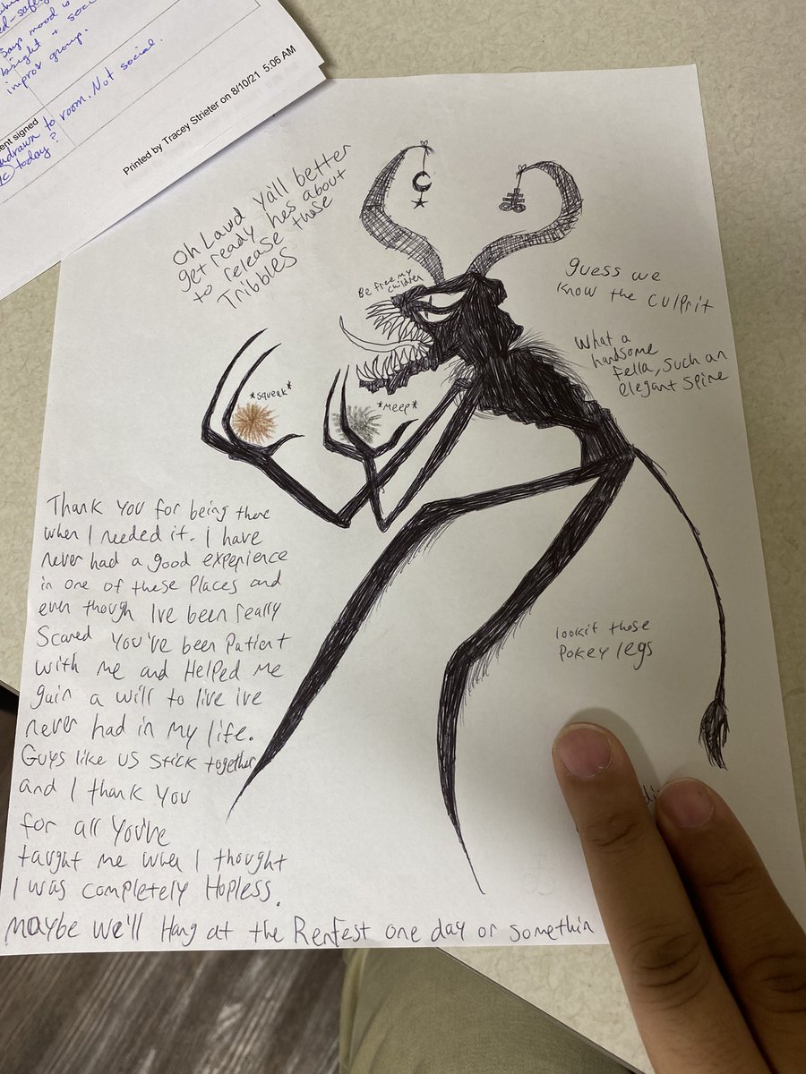 TenebrisLux6's tweet photo. I work in an inpatient psych unit. I was having a hard time driving to work this morning. In my office, I found this on my desk - a gift drawn by a patient who revealed to me on his first day that they’re also Satanist.

We’re out there. Keep doing good things, Satanfam. https://t.co/LnANNuj7E1