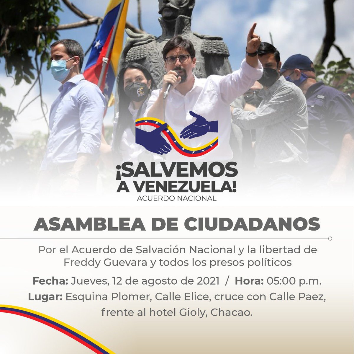 AriGabriella's tweet photo. Asamblea de Ciudadanos por el Acuerdo de Salvación Nacional, la libertad de @FreddyGuevaraC y todos los presos políticos. Jueves 12 de agosto, municipio Chacao.  #LiberenAFreddyGuevara https://t.co/TeY9rmrwvW