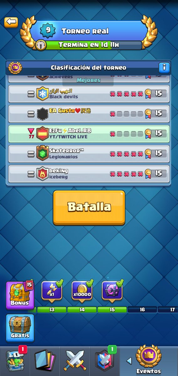 Estoy en directo buscando la insignia en el torneo mundial de clash royale (voy 15-1)! Lo podéis seguir desde aquí:
youtube.com/c/AbelRB
twitch.tv/abel_rb