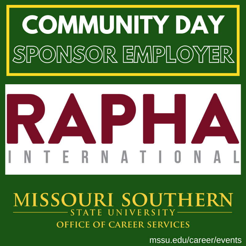 MSSUCareer's tweet photo. We’d like to thank Community Day Sponsor @RaphaIntl. Stop by their table on Wednesday the 18th from 10:30 – 1:00 on the Oval! https://t.co/dS41M6WhQq
