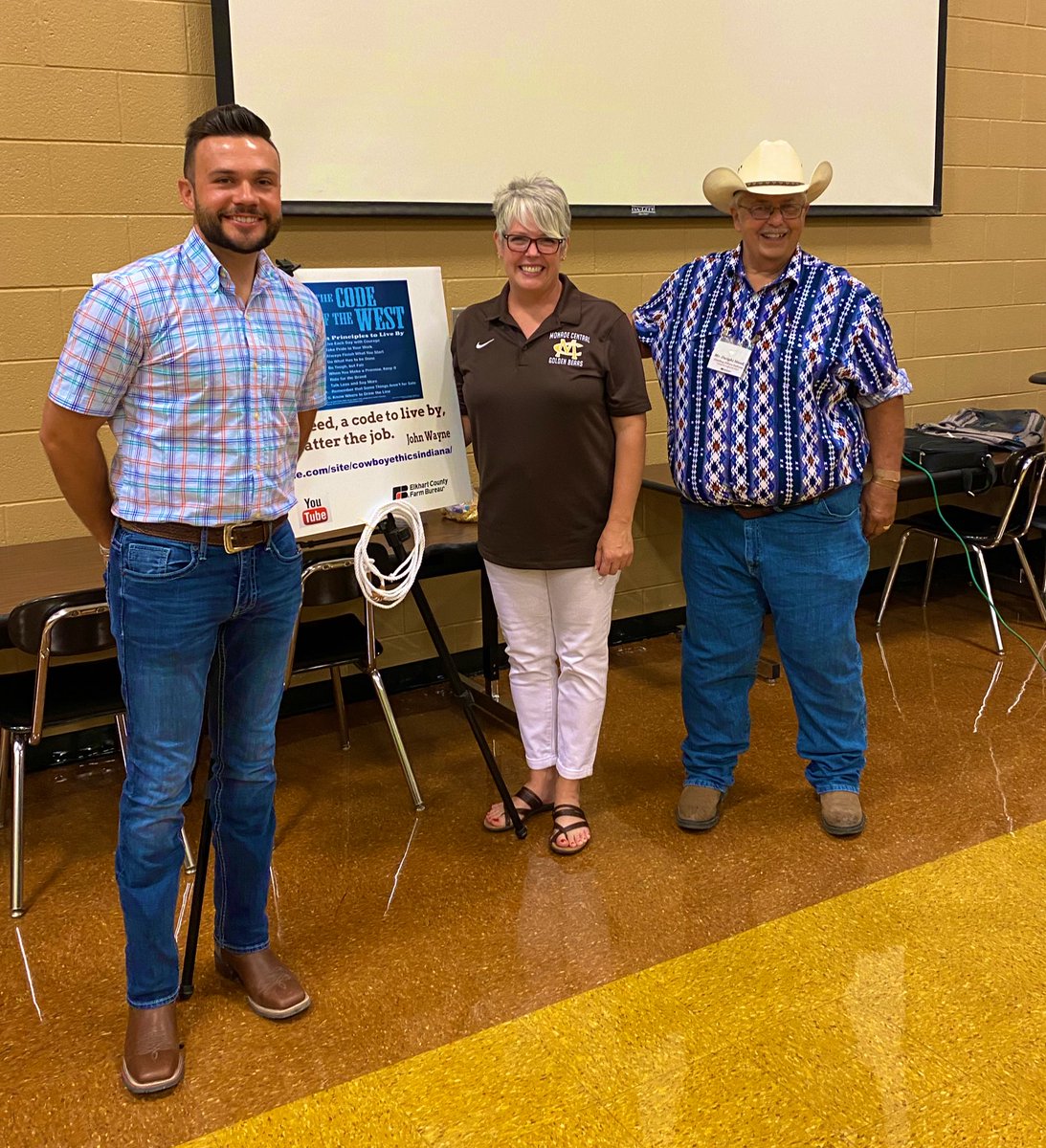 the_MrBraun's tweet photo. It was great having Mr. Moudy down today to talk with our MCE staff! We are super excited to expand Cowboy Ethics this year for our Golden Bears. Big shoutout to @INFarmBureau for making this happen! #mcscbears #CodeoftheWest #CowboyEthics https://t.co/6vn9pbeagZ