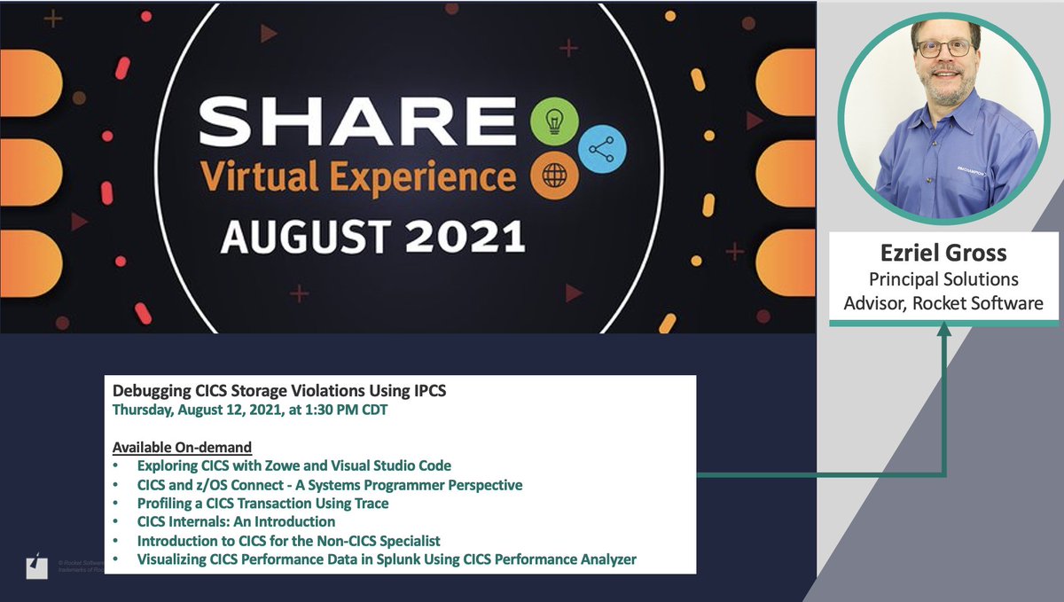This Thursday, don’t miss Ezriel Gross principal solutions advisor, at the SHARE Virtual Experience discussing debugging CICS storage violations using IPCS. Plus, check out his other sessions on-demand! Register here: fal.cn/3hmiG #SHAREVirtual21