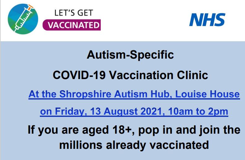 NHSSTW's tweet photo. Autistic? We are hosting an Autistic-Specific COVID-19 Vaccination Clinic.

WHERE: Louise House, Meole Village, Roman Road, Shrewsbury SY3 9JN.

WHEN: Friday 13 August 10am-2pm

WHO: Anyone who is autistic aged 18+

VACCINE: Pfizer 1st &amp; 2nd doses

#ASD #Inclusive #getvaccinated https://t.co/j0J6NlpF2p
