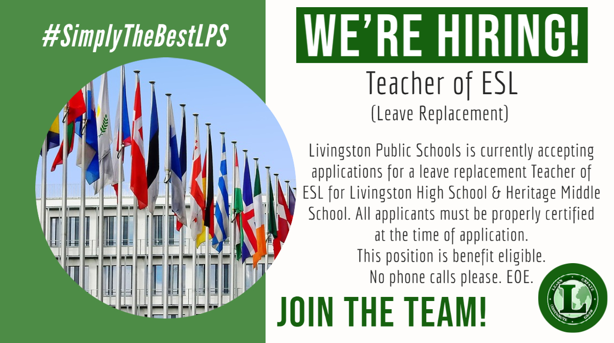 @LivSchoolsTEAM (@livschoolsteam) on Twitter photo LPS is currently accepting applications for a leave replacement Teacher of ESL for HMS & LHS. Apply online at livingston.org. #SimplyTheBestLPS #teacher <a href="/Heritage_MS/">Heritage Middle School</a> @RosenzweigLHS LPS is currently accepting applications for a leave replacement Teacher of ESL for HMS & LHS. Apply online at livingston.org. #SimplyTheBestLPS #teacher <a href="/Heritage_MS/">Heritage Middle School</a> @RosenzweigLHS