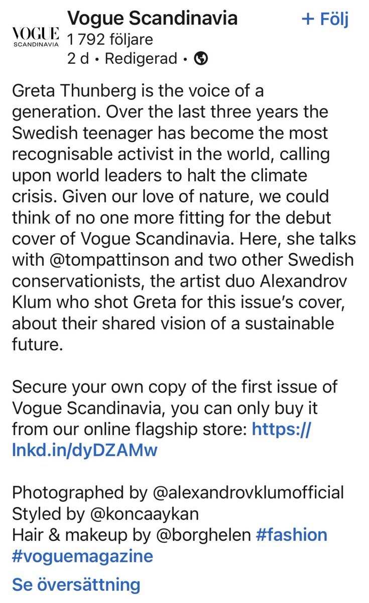 Iffy_giffy's tweet photo. Klimataktivismen fortsätter i samma takt. Här i senaste numret av #vougemagazine #gresus https://t.co/golX7PgiTt