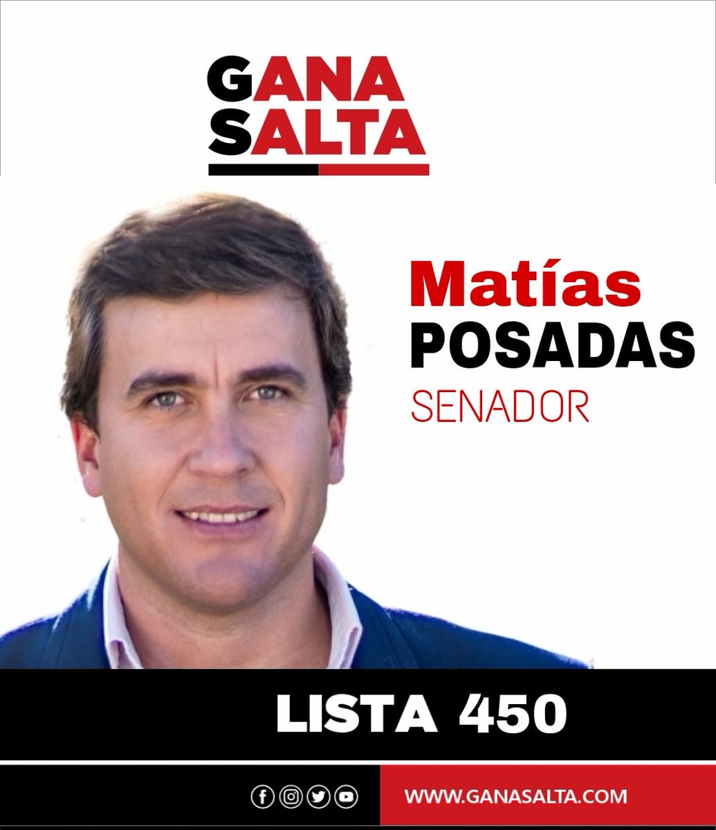 🔴Con tu voto, este 15 de agosto, #GanasVos, #GanaCapital, #GanaSalta⚫

🗳Lista N°450 - Frente Gana Salta
 
🔴Matías Posadas - Senador por Capital.

#AGanar❗