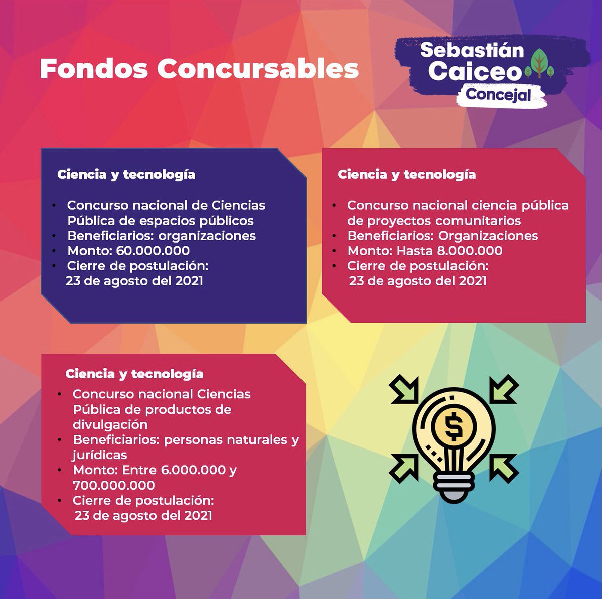 CaiceoConcejal's tweet photo. 💡 #FondosConcursables | Acá puedes encontrar las diversas oportunidades postulación para proyectos de organizaciones funcionales y territoriales con personalidad jurídica vigente. ✌️

¡Participa! ✨ https://t.co/1iJzLF22Wo
