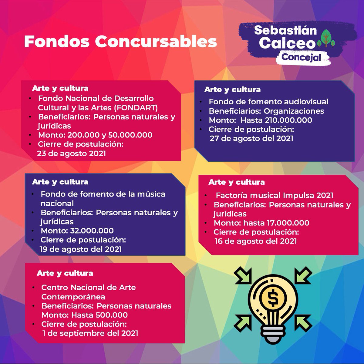 CaiceoConcejal's tweet photo. 💡 #FondosConcursables | Acá puedes encontrar las diversas oportunidades postulación para proyectos de organizaciones funcionales y territoriales con personalidad jurídica vigente. ✌️

¡Participa! ✨ https://t.co/1iJzLF22Wo