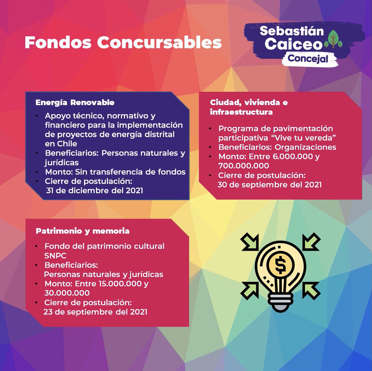CaiceoConcejal's tweet photo. 💡 #FondosConcursables | Acá puedes encontrar las diversas oportunidades postulación para proyectos de organizaciones funcionales y territoriales con personalidad jurídica vigente. ✌️

¡Participa! ✨ https://t.co/1iJzLF22Wo