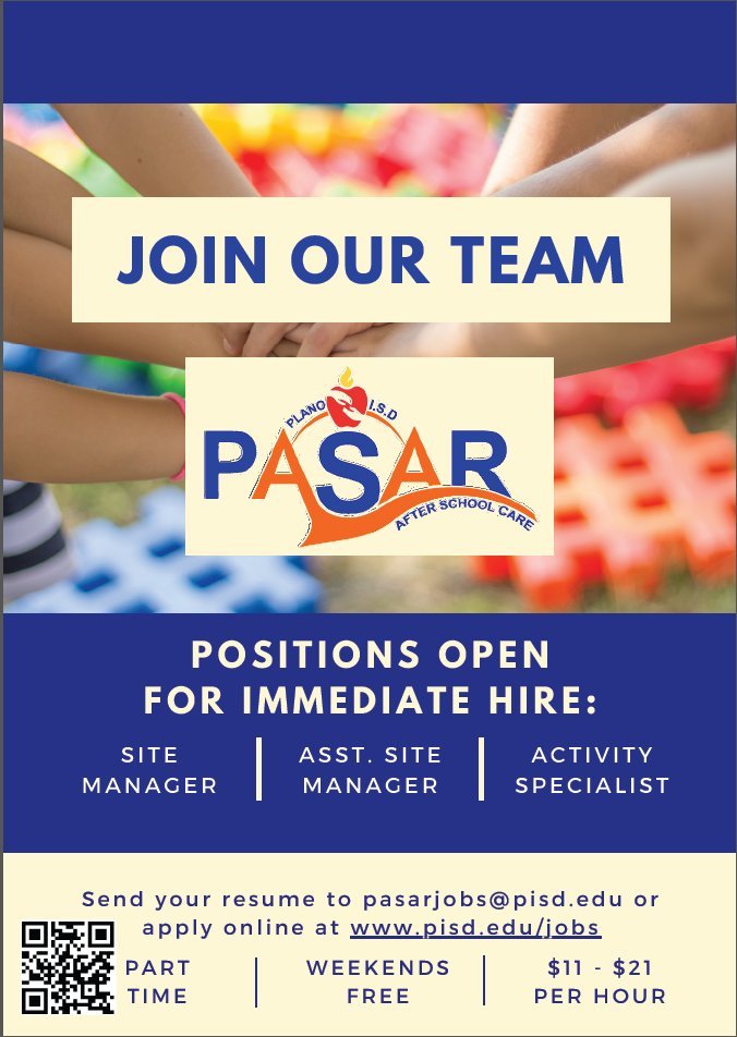 Now hiring HEROES!!! Are you ready to make an impact on PISD students? If so, join our team!!! #PISDPASAR <a href="/stacie_burk/">Stacie Burk</a> @mlfunderburk <a href="/PrincipalEwing/">Steven Ewing</a> @RosaHandy2 <a href="/_KathyBerger/">Kathy Berger</a> <a href="/PASAR_PROGRAM/">David Vasquez</a>