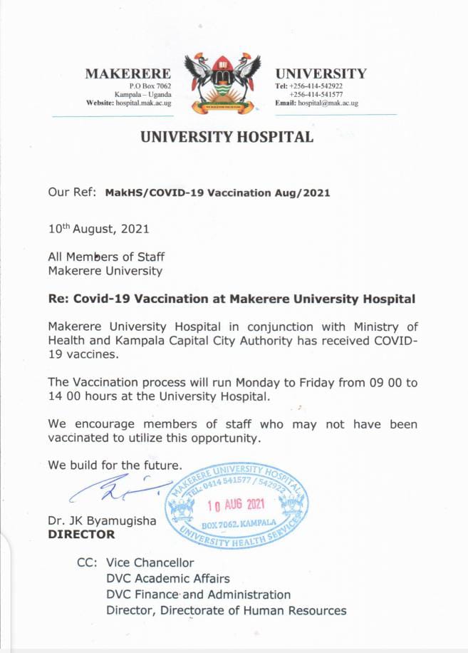 Makerere University Hospital encourages members of staff who may not have been vaccinated against COVID-19 to utilize this opportunity