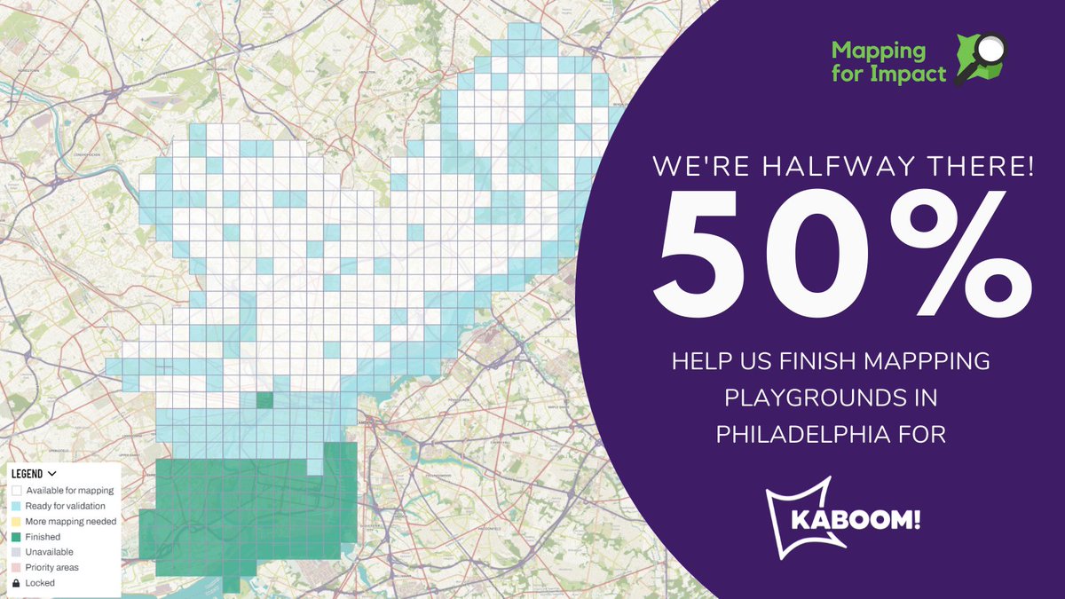 OpenStreetMapUS's tweet image. You've helped us reach 50% mapped! Join the efforts and help us support @kaboom by mapping playspaces here: buff.ly/3rgcxl5