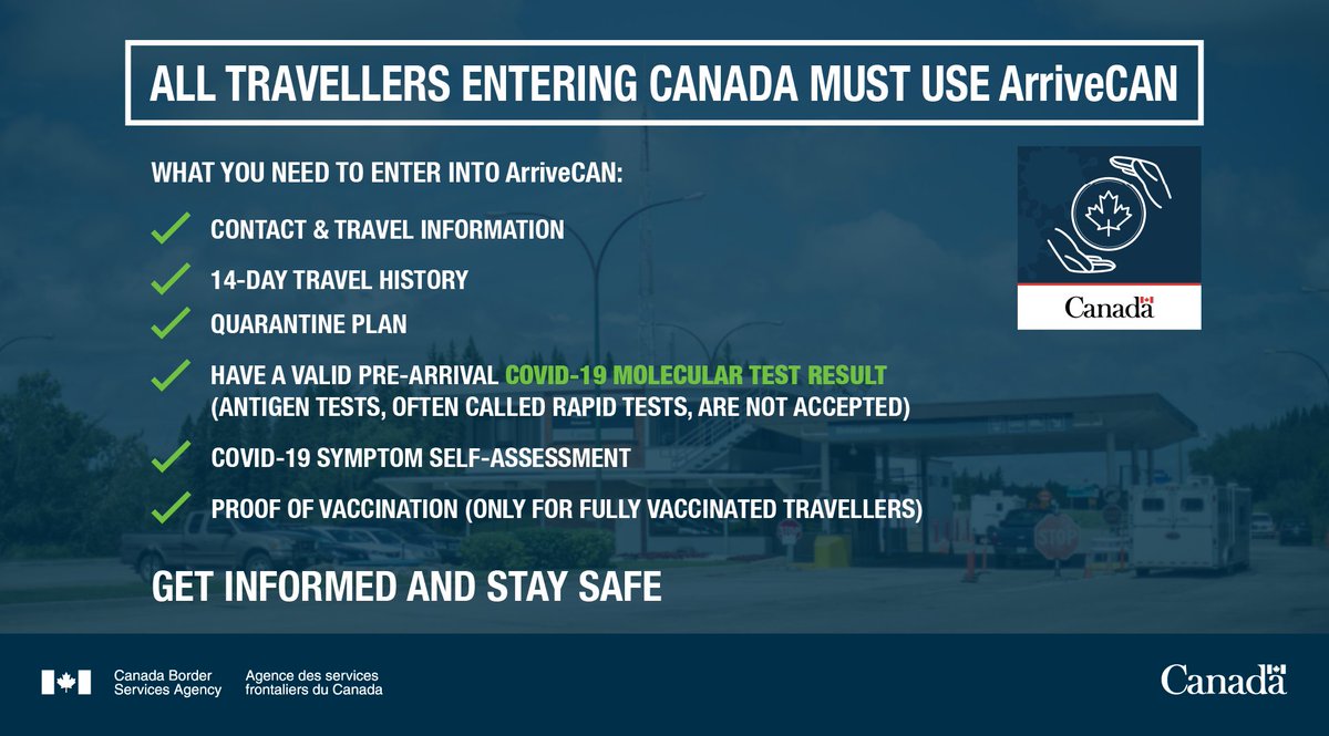 CanBorder's tweet photo. Travellers entering Canada must submit their #Covid19 information via #ArriveCAN. To benefit from reduced public health measures, proof of vaccination for fully vaccinated travellers must also be submitted in ArriveCAN. 

Learn more ➡️ https://t.co/QzQ7UNNDiS https://t.co/bjmF4zqWbZ