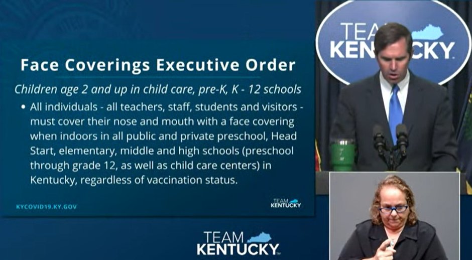 ksbanews's tweet photo. @WarrenCoSchools Gov. Andy Beshear issues executive order requiring masks to be worn by all students and staff in Kentucky schools regardless of vaccination status. https://t.co/wLnGsz4gey