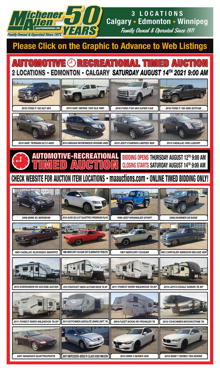 maauctionscom's tweet photo. Michener Allen Auctioneering Ltd Next Public TIMED Automotive &amp; Recreational Auction is this Saturday August 14th. Bidding Opens this Thursday at 9:00 AM, Closing begins Saturday at 9:00 AM. View Onsite, Bid Online. Info @ https://t.co/OpI7dToEYS https://t.co/CZIZlfwwAG