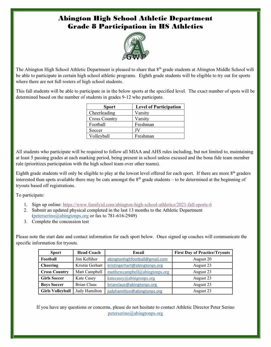 Incoming 8th Graders at Abington Middle School now able to participate in AHS Athletic Program.