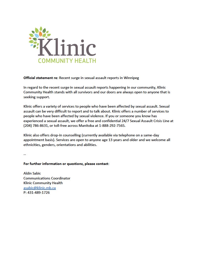 Klinic Community Health (@klinicchc) on Twitter photo Below is our official statement regarding the recent surge of sexual assault reports in our community, as shared by the <a href="/wpgpolice/">Winnipeg Police</a>.
Please share by retweeting if you can. Below is our official statement regarding the recent surge of sexual assault reports in our community, as shared by the <a href="/wpgpolice/">Winnipeg Police</a>.
Please share by retweeting if you can.