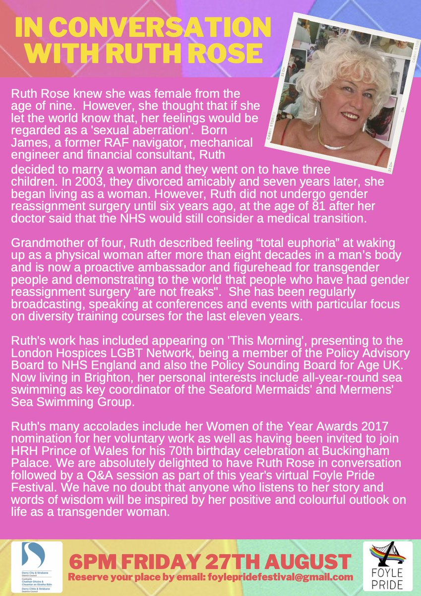 FoylePrideFest's tweet photo. Grandmother of 4, Ruth Rose described feeling “total euphoria” at waking up as a physical woman after more than eight decades in a man’s body. To hear Ruth's story email: foylepridefestival@gmail.com for zoom link. 
Event happening Fri 27th Aug @ 6pm
#foylepride2021 #RuthRose https://t.co/wmQCGu02tM