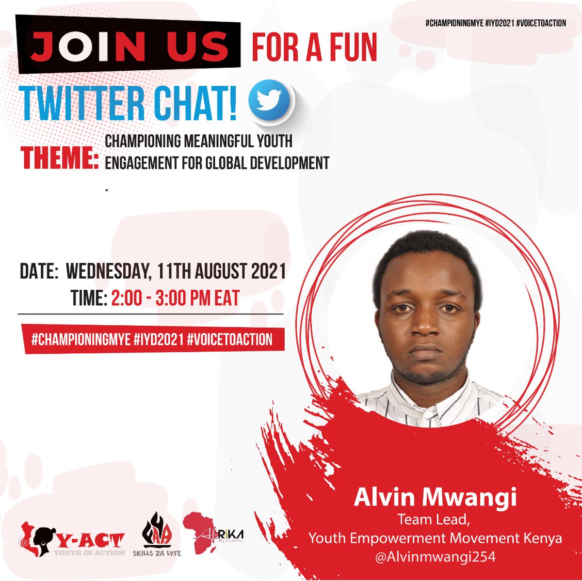 YEMKenya's tweet image. Calling all youth! Tune in to our engaging twitter chat on Wednesday, 11th August at 2:00 PM EAT as we seek to make a case for meaningful  adolescent &amp;amp; youth engagement for global development. @YouthActKE @Af_Rika @Amref_Kenya 

#ChampioningMYE #IYD2021 #VoicetoAction