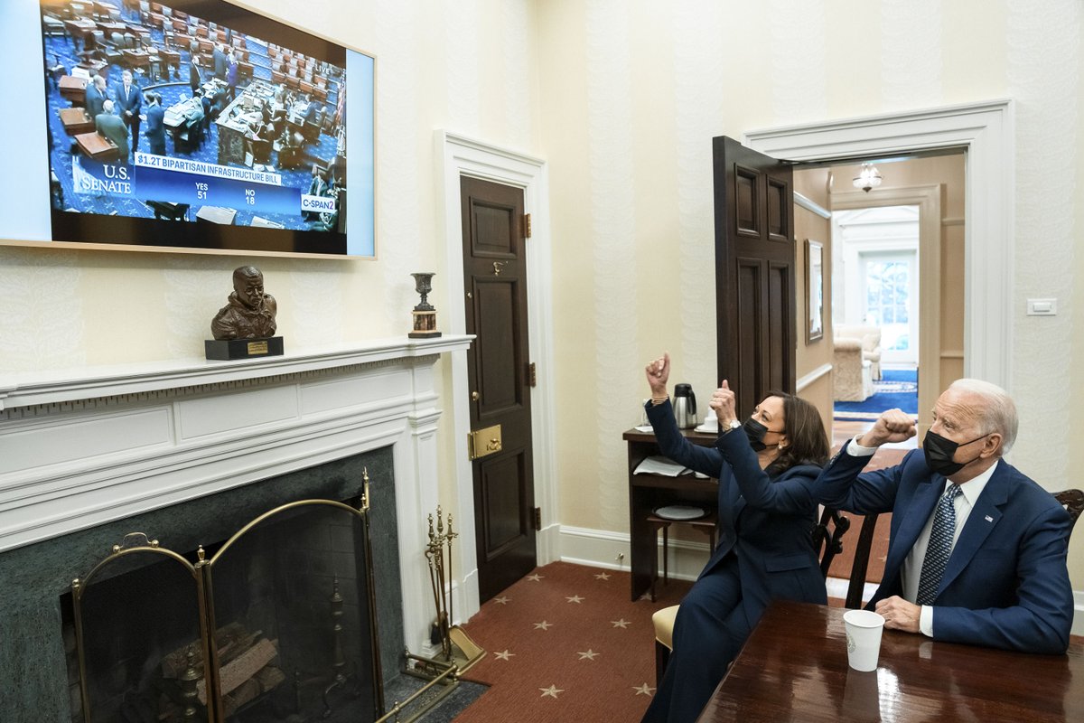 POTUS46Archive's tweet photo. Today, with the bipartisan Infrastructure Investment and Jobs Act, we proved our democracy can still work. We’re going to create millions of good-paying jobs, grow the economy, and transform our nation’s infrastructure. https://t.co/SmEP98FXxy