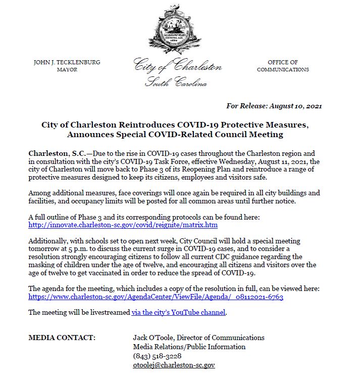 City of Charleston Reintroduces COVID-19 Protective Measures, Announces Special COVID-Related Council Meeting