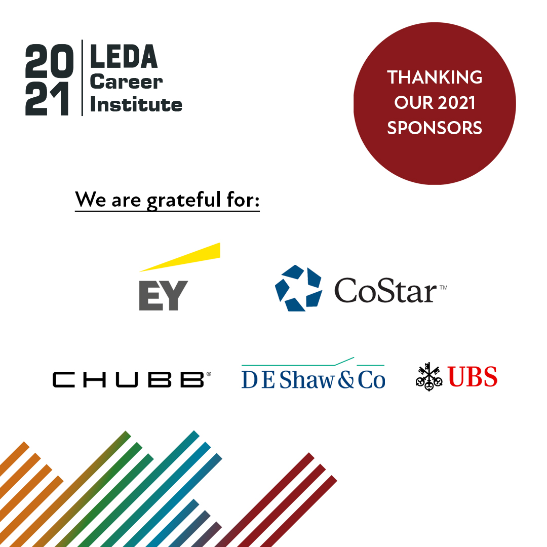 LEDA_Scholars's tweet photo. We're continuing our sponsor shout-out series for #LEDACI2021 with @EY_US, @TheCoStarGroup, @Chubb, @DEShawGroup, and @UBS. These returning partners have helped make our Career Institute a success for years, and we're grateful for their support! https://t.co/n660czODCe