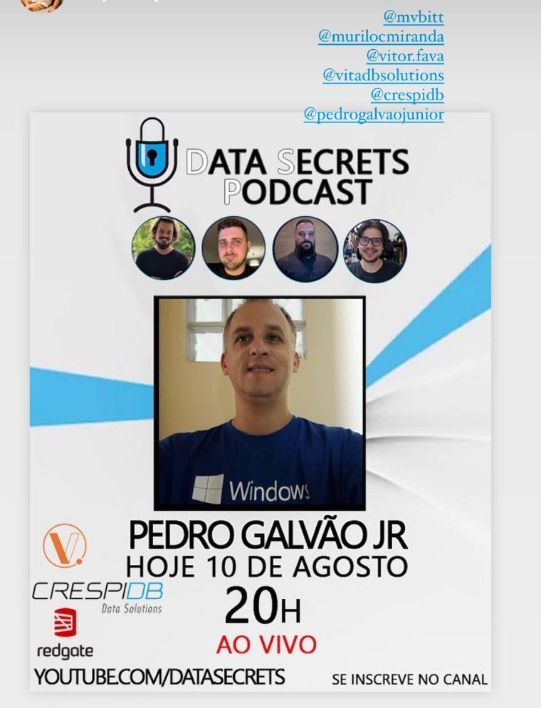 JuniorGalvaoMVP's tweet image. Salve galera. Vou estar daqui a pouco com este time incrível de Profissionais da Área de Dados reconhecidos mundialmente.

Que honra.

@SQLCrespi #datasecrets @sqlservermaniac @murilocmiranda