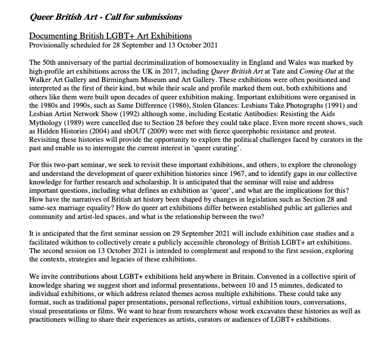 QueerBritish's tweet photo. 🚨Call for submissions🚨 We are excited to announce our next event ‘Documenting British LGBT+ Art Exhibitions’, 2 seminars exploring the chronology &amp; development of queer exhibitions is now open for proposals. The call out is attached, pls DM/email for a PDF copy. 🏳️‍⚧️Pls RT🏳️‍🌈 https://t.co/9lMnrRdPob