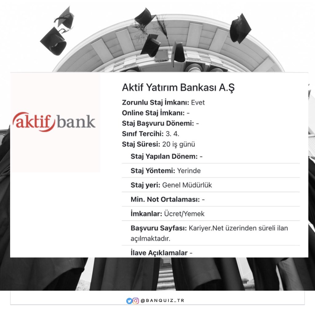 BanQuiz_tr's tweet photo. Bankalara staj başvurusunu nasıl yaparım ?
Bazı Bankaların Staj alım süreçleri 
#staj #stajyer #bankastaj #bankastajyer 

#parabanka #genelkültür #genelekonomi #genelyetenek  #hapbilgi #hapsoru #banka #bankasınavları #yükselmesınavları #yükselmesınavı #banquiz #Kaynak: TBB https://t.co/45sT0TbdKq