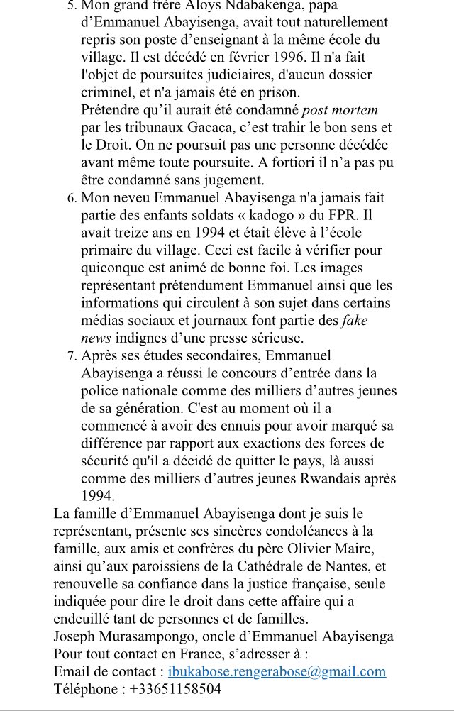 La famille d’Emmanuel #Abayisenga, l’homme qui aurait incendié la cathédrale notre dame et serait accusé du meurtre du Père Olivier Maire, dément de nombreuses informations publiées dans différents médias au sujet de la famille et du parcours d’Emmanuel Abayisenga.