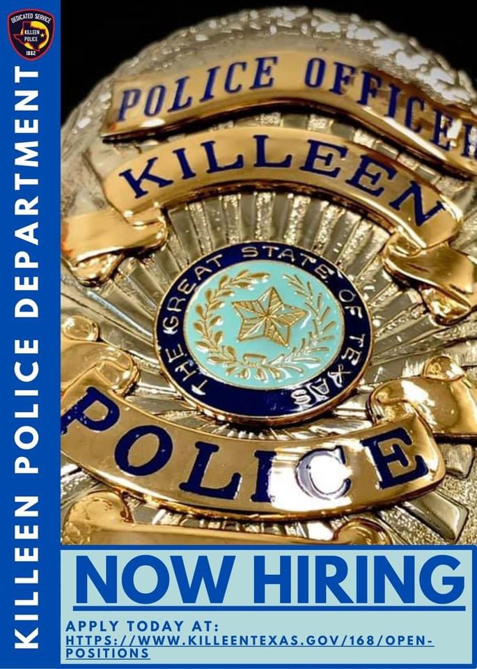 KilleenPD's tweet photo. The Killeen Police Department is still accepting applications for Police Officer. Deadline to submit application is 08/22/21. Civil Service Exam will be 08/29/21. It only takes a few minutes to complete but the rewarding career of serving your community may last a lifetime! https://t.co/sz2dR5ewEB