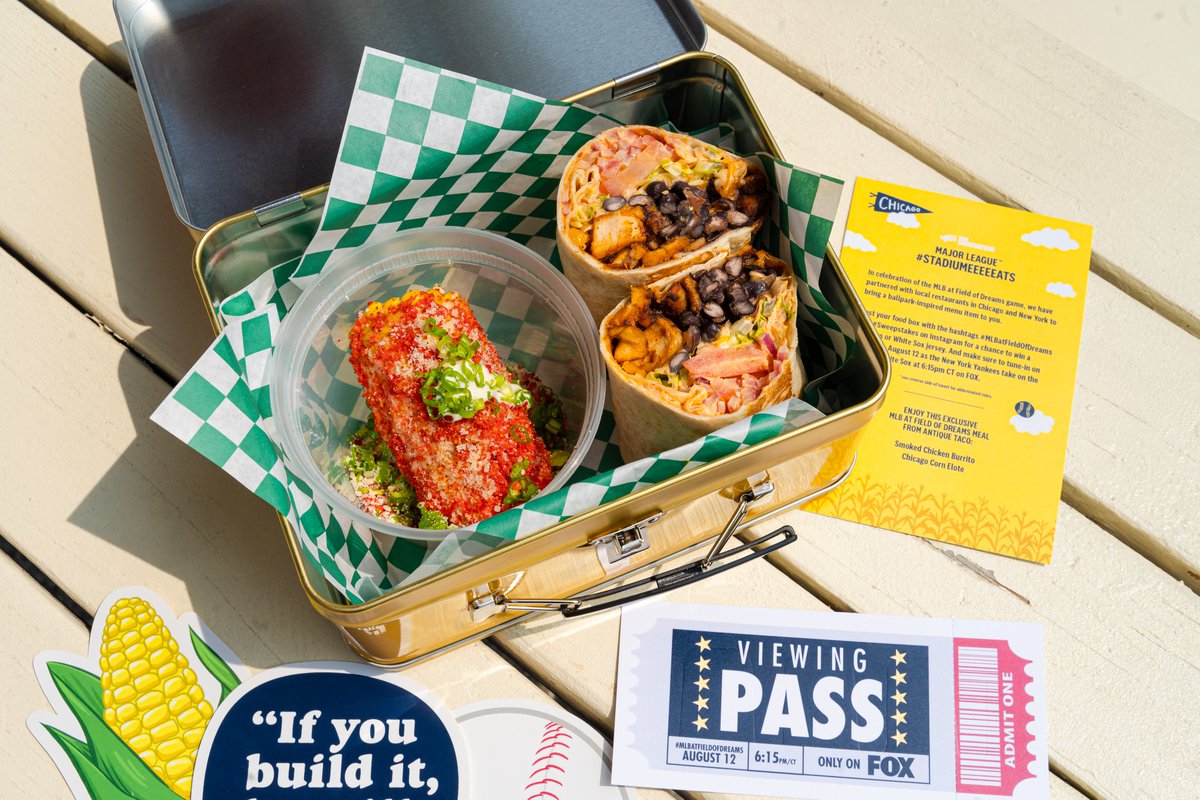 MLB's tweet photo. Watching #MLBatFieldofDreams at home this week?

Crif Dogs in NY &amp; Antique Taco in Chicago are putting together limited edition boxes and special corn-themed items to celebrate: https://t.co/A5EIY3pSQB https://t.co/cWlWQv9MFa