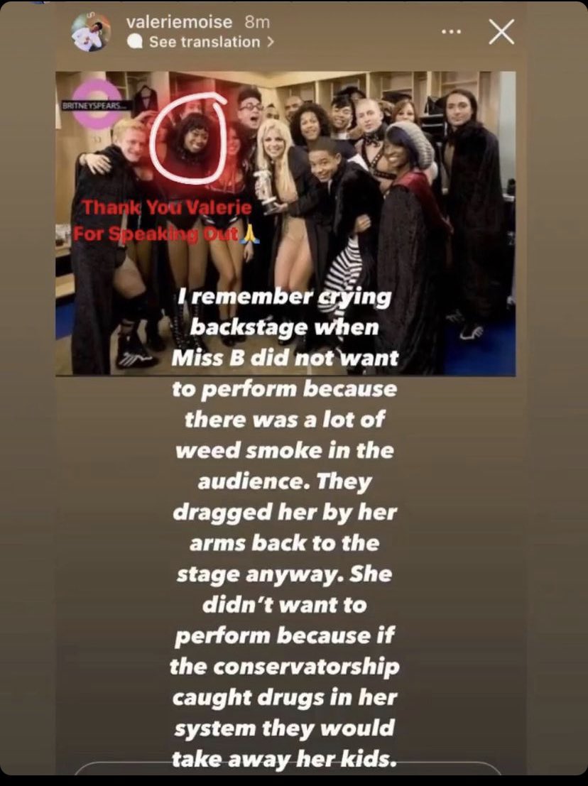 BritneyTheStan's tweet photo. “Piece of Me” dancer Valerie Moise accuses Britney’s team of dragging her by her arms back to the stage even though she didn’t want to perform because she was worried they would take her kids away if the weed smoke from the audience got into her system. #FreeBritney https://t.co/gpBcP8OKUx