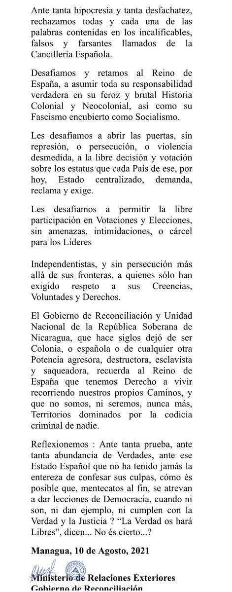 Nota del Gobierno de Nicaragua al Gobierno Español: “Nicaragua hace siglos dejó de ser Colonia, o española o de cualquier otra Potencia agresora, destructora, esclavista y saqueadora, recuerda al Reino de España que tenemos Derecho a vivir recorriendo nuestros propios Caminos”.🇳🇮