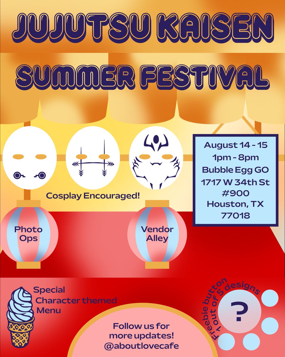 aboutlovecafe's tweet photo. Check out our JJK Summer Fest this weekend! 

RSVP + check out preorders at https://t.co/by0mqGNZ1D ! 

We'll have photo ops and a vendor alley with these lovely artists! Keep an eye out for our raffle announcement and character themed menu! 

#JujutsuKaisen #JJKSummerFestHTX https://t.co/UVPab6DIZY