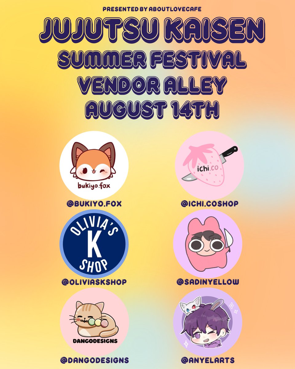 aboutlovecafe's tweet photo. Check out our JJK Summer Fest this weekend! 

RSVP + check out preorders at https://t.co/by0mqGNZ1D ! 

We'll have photo ops and a vendor alley with these lovely artists! Keep an eye out for our raffle announcement and character themed menu! 

#JujutsuKaisen #JJKSummerFestHTX https://t.co/UVPab6DIZY