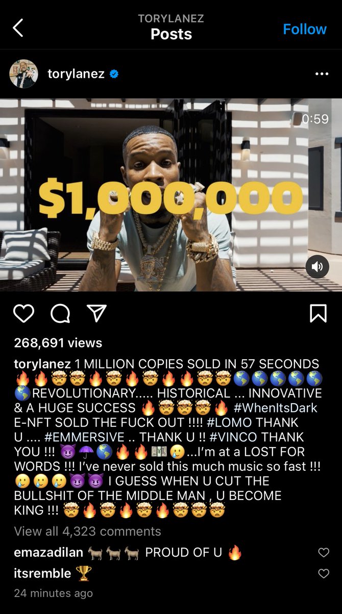 JD__Financial's tweet photo. @torylanez sold 1 million E-NTF copies in under 1 minute of going live. Many other artists will be taking notice and be looking for a partnership with @Emmersiveent for their next album. $BBIG #ENTF #NFT https://t.co/f1fZXtuHLv