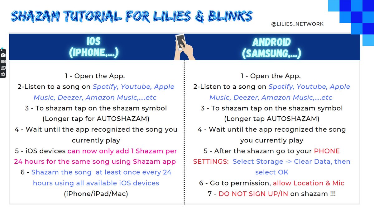 LALISA_SZM_DATA's tweet photo. SHAZAM TUTORIAL PLEASE READ &amp; PREPARE:

Note: Shazam is NOT A STREAMING APP!! Shazam is a song discovery app and plays a REALLY IMPORTANT part in getting Lisa's songs on the radios locally &amp; globally. The higher the shazam count of a song the better! So please take it serious🙏 https://t.co/O170IVXLUr