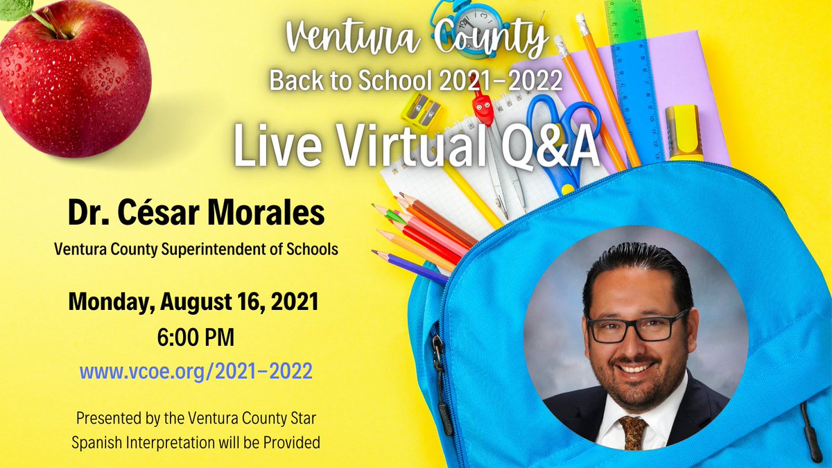 Ventura Co Ofc of Ed (@venturacoe) on Twitter photo Got questions about the new school year? Watch the live virtual Q&A with Dr. CƩsar Morales, Ventura County Superintendent of Schools, presented by the Ventura County Star. Monday, August 16 at 6pm at vcoe.org/2021-2022 <a href="/vcstar/">Ventura County Star</a> <a href="/shivaaanip/">Shivani Patel</a> Got questions about the new school year? Watch the live virtual Q&A with Dr. CƩsar Morales, Ventura County Superintendent of Schools, presented by the Ventura County Star. Monday, August 16 at 6pm at vcoe.org/2021-2022 <a href="/vcstar/">Ventura County Star</a> <a href="/shivaaanip/">Shivani Patel</a>