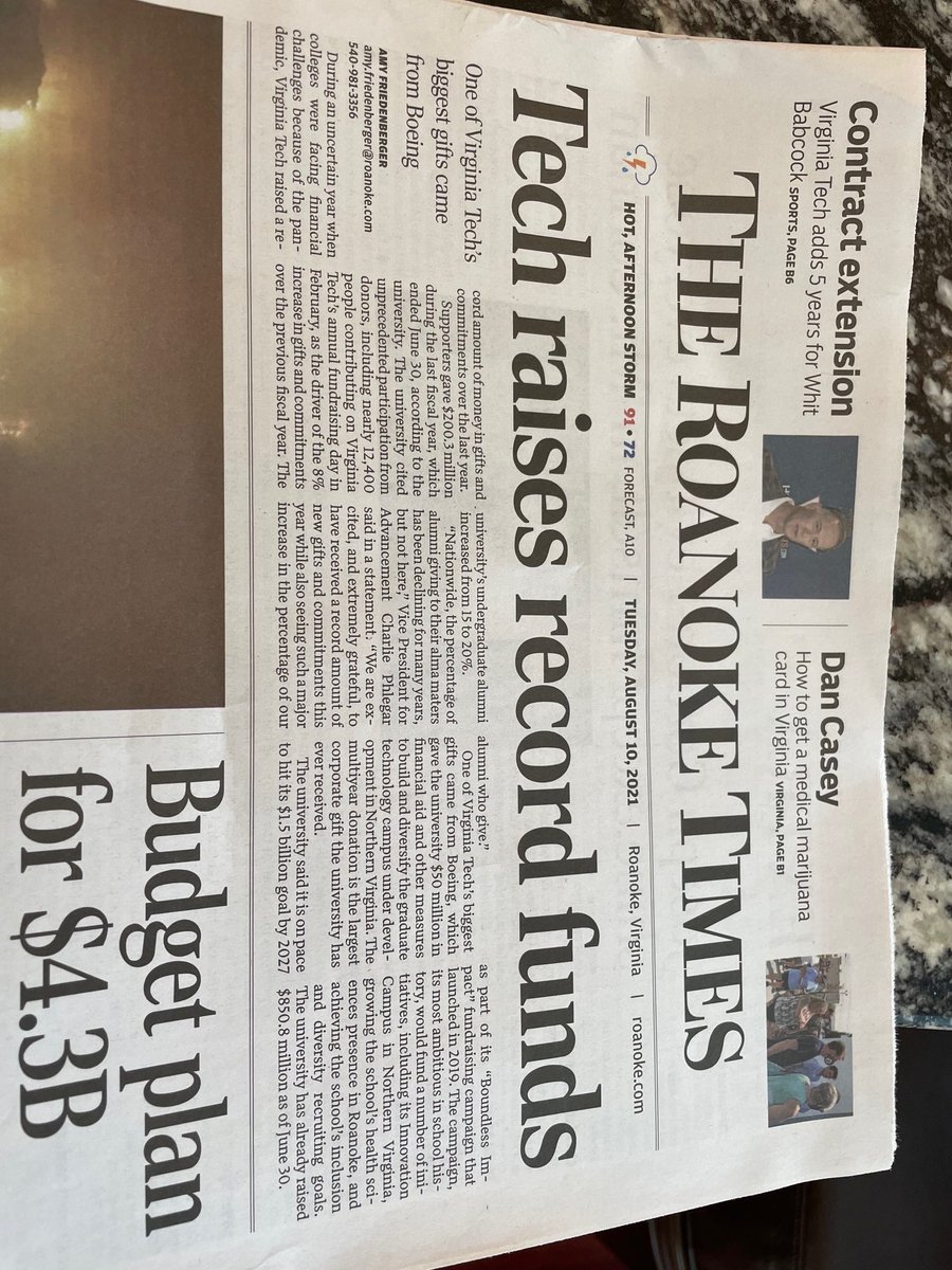 Amazing ⁦<a href="/VT_alumni/">Virginia Tech Alumni</a>⁩, great ⁦<a href="/VTSandsman/">Timothy D Sands</a>⁩ leadership and creative ⁦<a href="/virginia_tech/">Virginia Tech</a>⁩ faculty make this headline possible. #grateful, thanks to all.