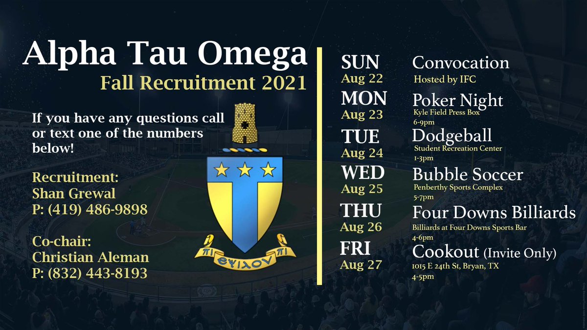Fall Rush is three weeks away with our first event on August 23rd at Kyle Field, and we can’t wait to meet y’all! Make sure to contact our rush chairs for any questions or concerns. 

#Rush #ATO #TAUSontop #tamu25 #tamu24 #ATOleads #ATOthrives