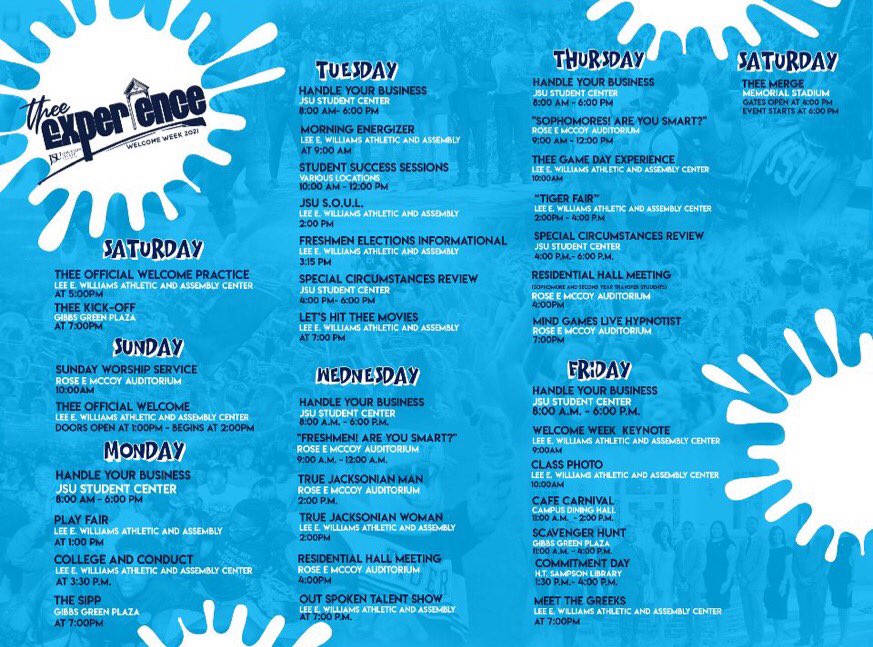 Thee official welcome week experience is here 🤩🤩 check the thread below to get a better view of all events. Please not that masks are REQUIRED for all indoor events!