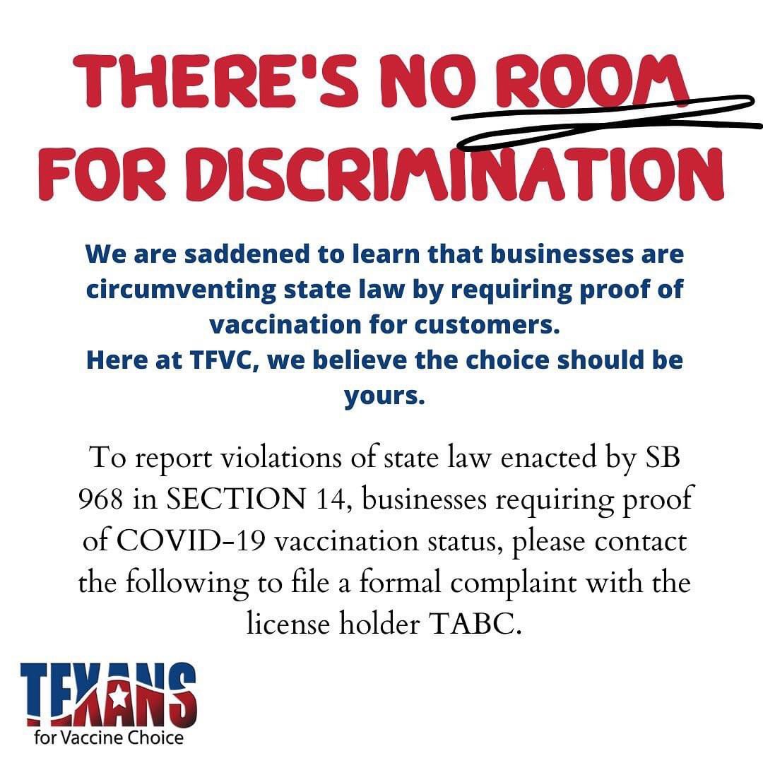 TXforVaxChoice's tweet photo. Mandating proof of vaccination(s) is illegal in the great state of Texas! If you, a family member, or friend have been refused service based on your personal vaccine status, please share your experiences with us!
https://t.co/VwDP0B8Jvi
#tfvc #thechoiceshouldbeyours https://t.co/cXfxnI3ilE